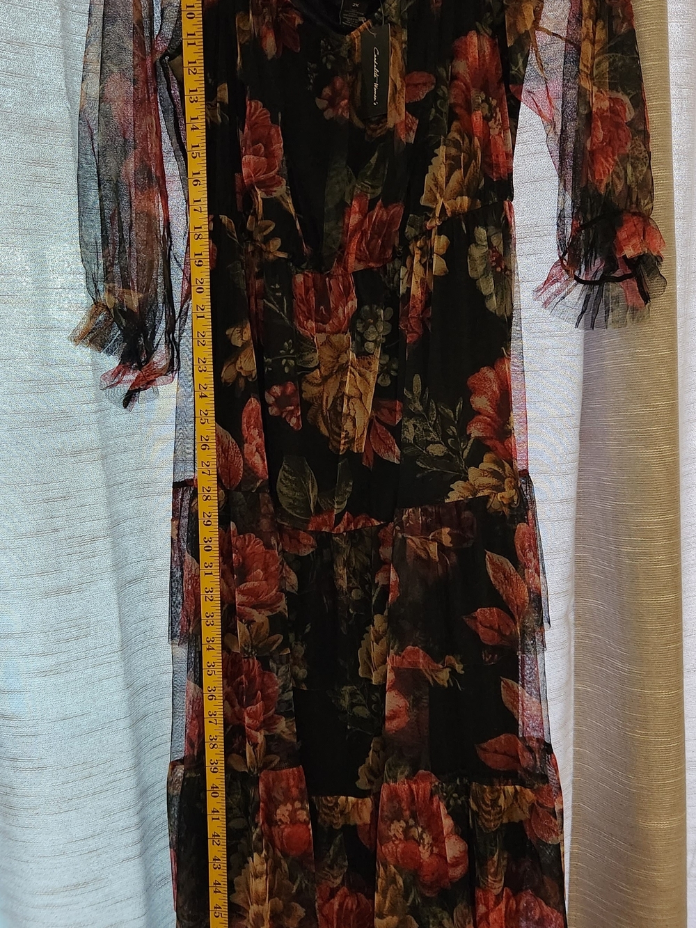 PLUS Size Tiered Sheer Floral Dress Long Sleeve- Black with Red & Green Floral - Picture 4 of 5